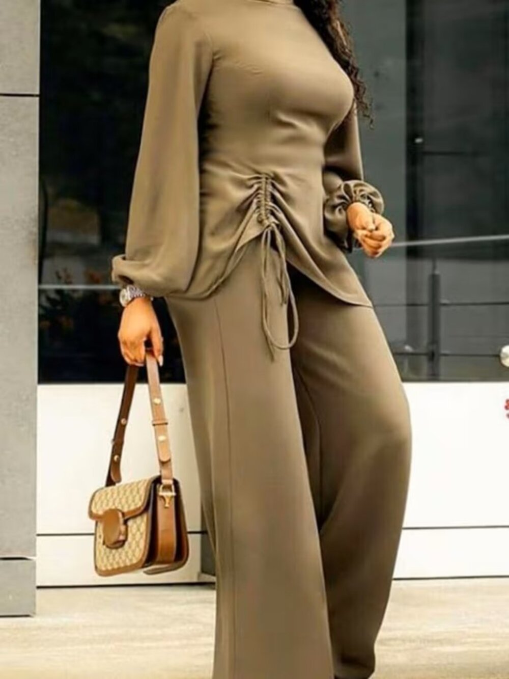 👉 Khaki Drawstring Waist Top and Wide-Leg Pants Set